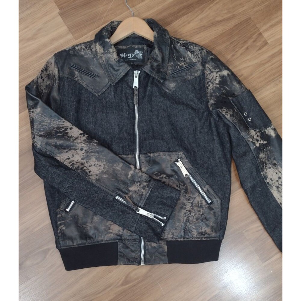Genuine Leather Jacket Black Acid Wash Denim Leather Biker Bomber Size L